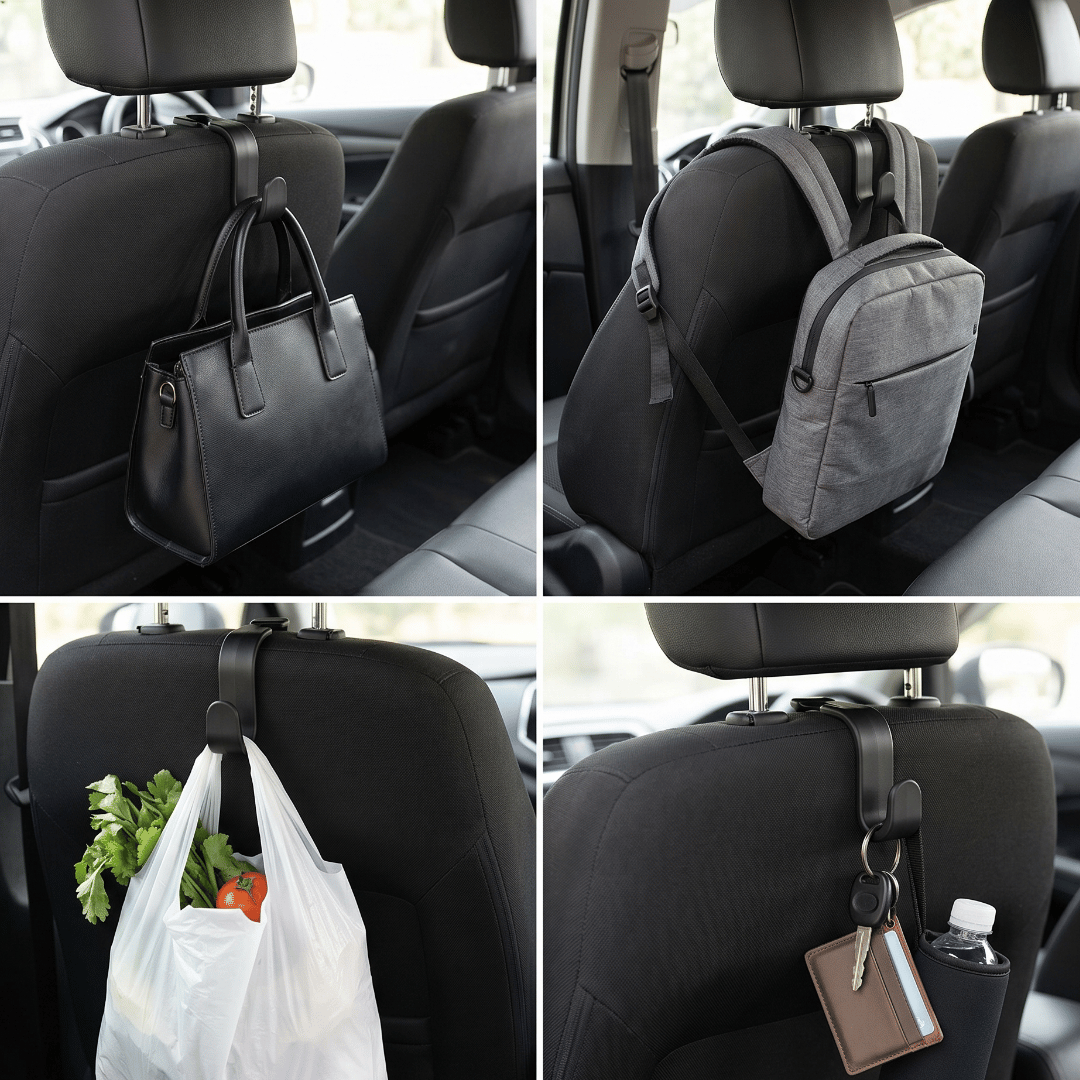 Car Backseat Headrest Hook Hangers | Set of 4 | Black | Universal Fit for All Cars | Hands-Free Storage