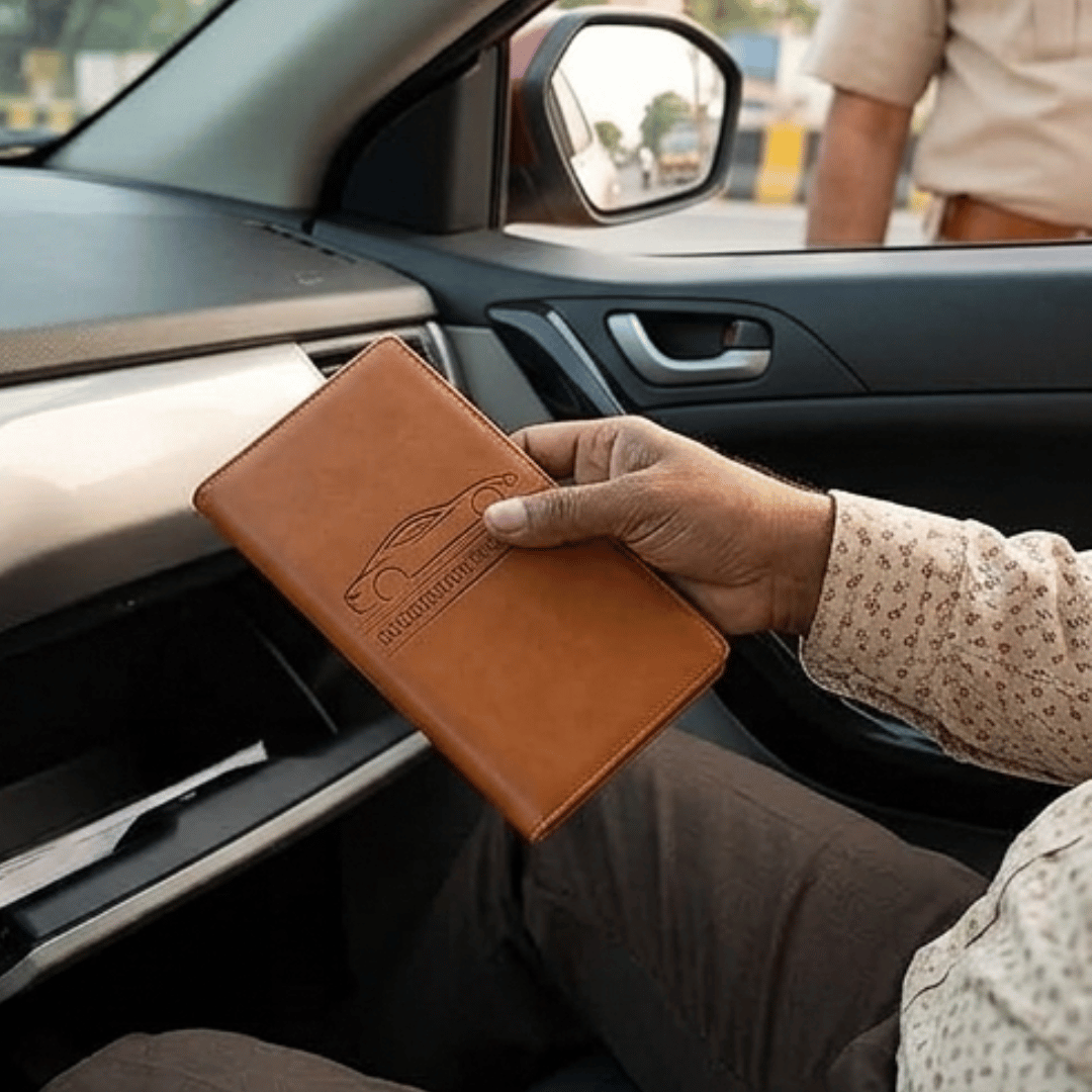 Premium PU Leather Car Document Holder | RC, Insurance and PUC Organizer File | Brown