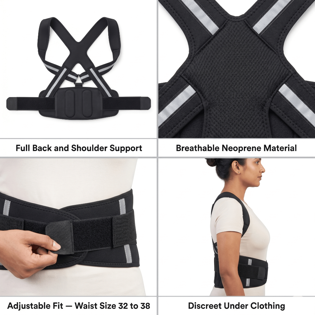 Neoprene Posture Corrector Belt | Back and Shoulder Support Brace | For Men and Women | Waist Size 32 to 38