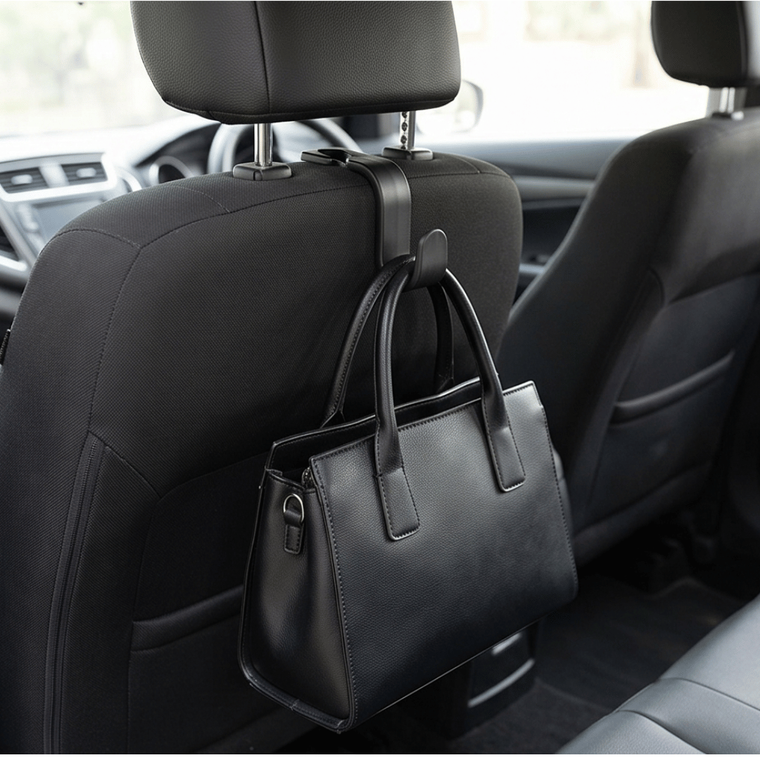 Car Backseat Headrest Hook Hangers | Set of 4 | Black | Universal Fit for All Cars | Hands-Free Storage